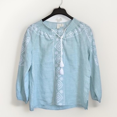Joie Boho Top/ Blouse Embroidered 100% Linen Light Green Size M