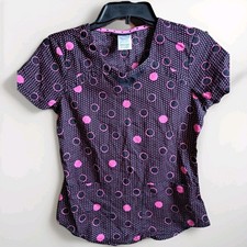 Heartsoul Pink Polka Dots On Black Scrub Top Womens Size XS Pockets