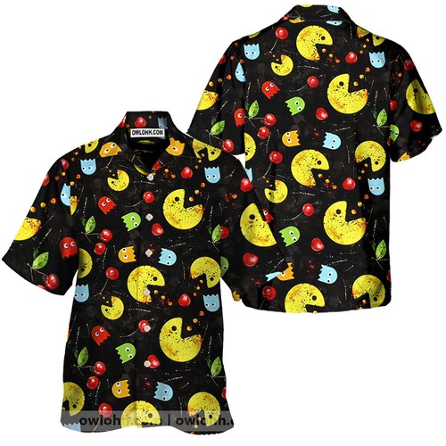 Cartoon Pac Man Doodle Men8217S Short Sleeve Casual Aloha Hawaiian ...