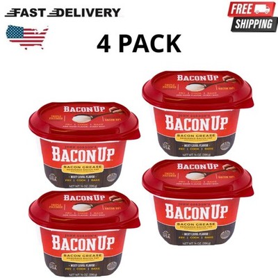 [4 Pack] Bacon Up Bacon Grease 14 oz Rendered Bacon Fat Cooking Cast Iron,