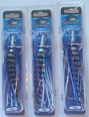 3 Williamson Rigged Tuna Catcher Fishing Lure 5'' Skirt 3D Eyes VMC Hook Bonito
