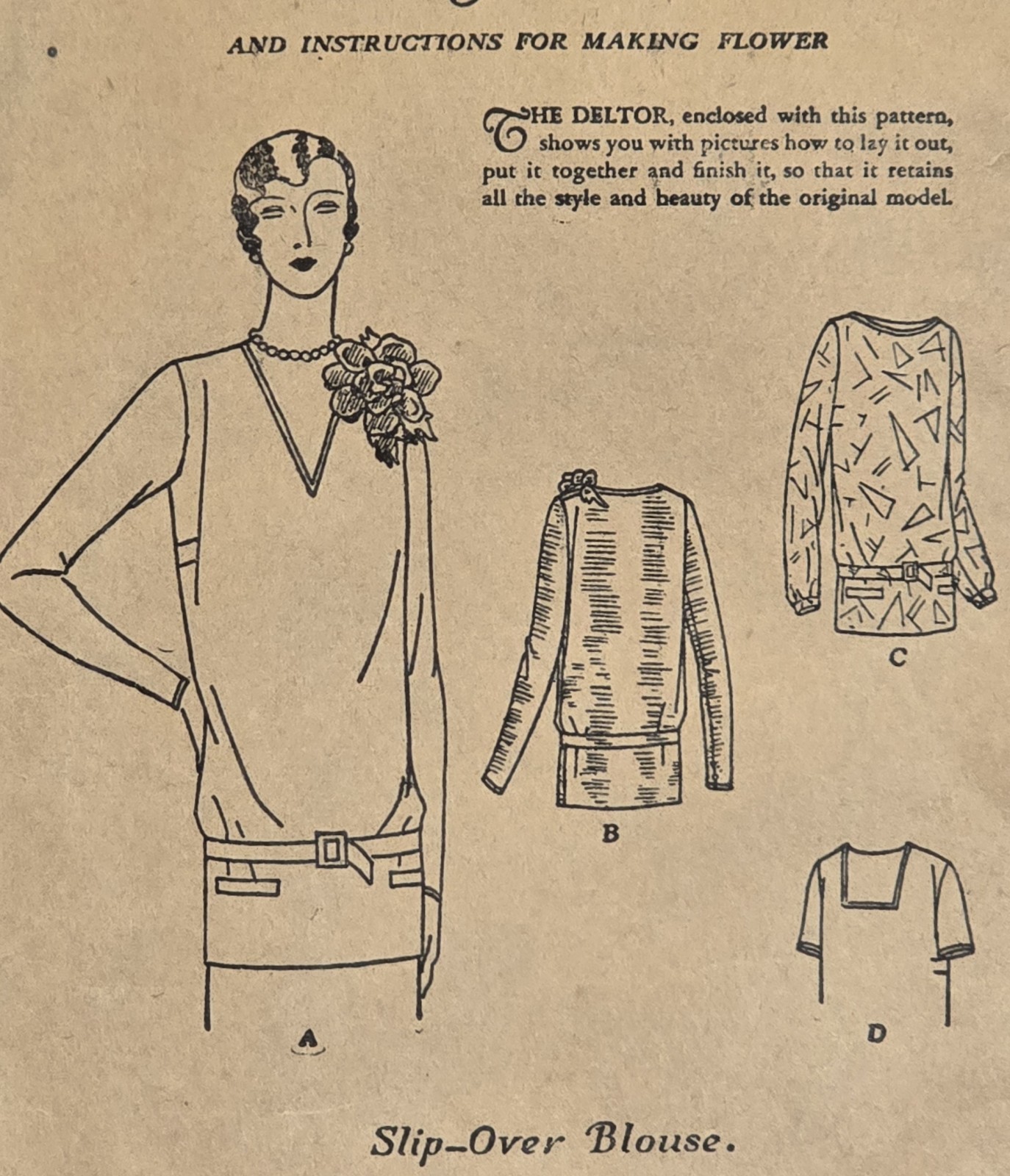 1920s Antique Butterick Pattern 1275, Slip-Over Blouse w/ Pockets; Used, B 32. 