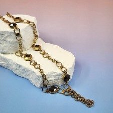 Gold Tone Smoky Brown Crystal Octagon Chain Necklace Statement Vintage Boho