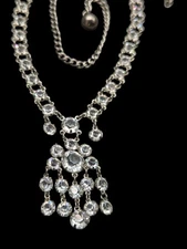 Vtg Clear Glass Rhinestone Prong Bezel Art Deco Style Drop Silver Tone Necklace