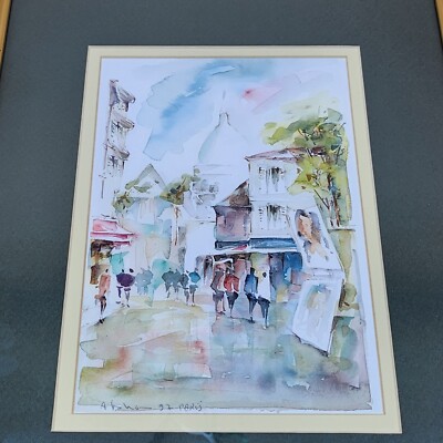 97 Paris Artist Signed France Montmartre Street Scene Watercolor