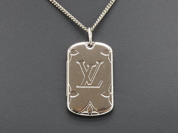 Louis Vuitton Locket Necklace Monogram Dog Tag Pendant Silver