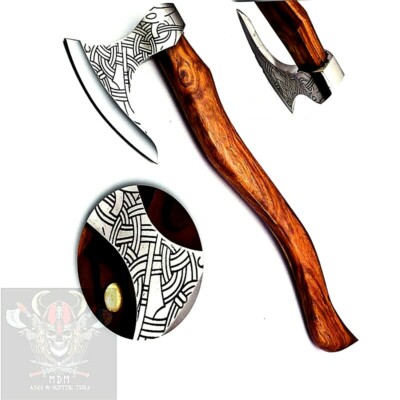 CUSTOM HANDMADE CARBON STEEL ENGRAVED VIKING HATCHET CAMP TOMAHAWK HUNTING AXE