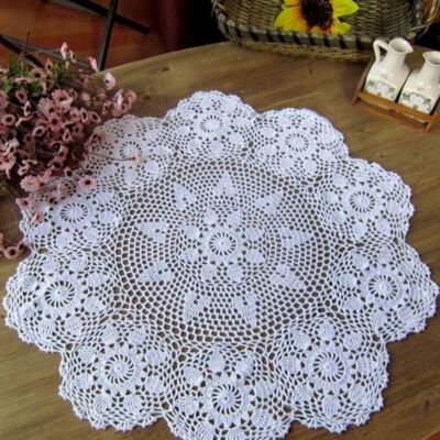 27inch White Vintage Hand Crochet Tablecloth Round Lace Table Cloth Topper Doily