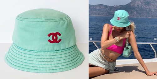 21P CHANEL PASTEL GREEN PINK CC LOGO BUCKET CLOCHE HAT S