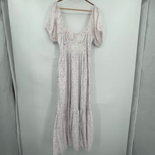 LoveShackFancy Gray Pink Tiered Floral Puff Sleeve Angie Midi Dress Size 6