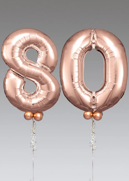 Inflated Rose Gold Large Number 80 Helium Balloons with Collars