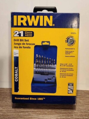 REDUCED! NEW IRWIN 63221 Cobalt Alloy Steel Drill Bit Set 21-Pc Jobber