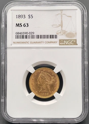 1893 P $5 Liberty Head Half Eagle Gold Coin, NGC MS 63