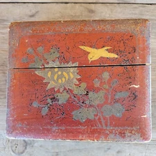 antique Asian rustic primitive Trinket crackle lacquer BOX gold jewelry As Is