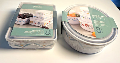 Two sets 8 pc each Gibson Home Anaya Nesting Food Containers w/lids round & rect