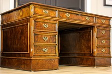 Large Antique Style Burr Walnut Twin Pedestal Partners Leather Top Writing Desk