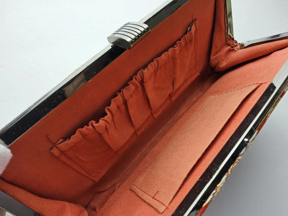 Bolso sin asas vintage japonés Kimono Obi rojo metálico dorado floral Foto 3 de 4