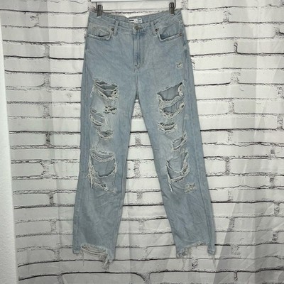 Bershka Straight Leg Boyfriend Jeans Light Wash High Rise Women s 26 Raw Hem Y2K