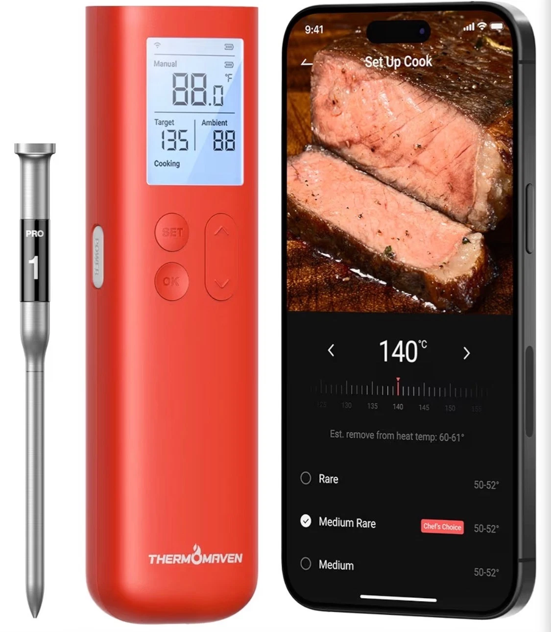 ThermoMaven Smart Bluetooth Wireless Meat Thermometer, 10X Enhanced Sub-1G Signa
