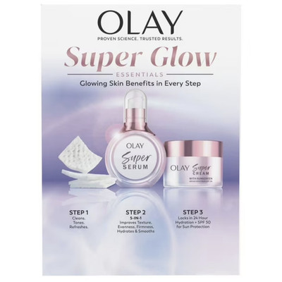 Olay Super Glow Essentials Skin Care Set Serum Cream Cleansing Melts SPF 30