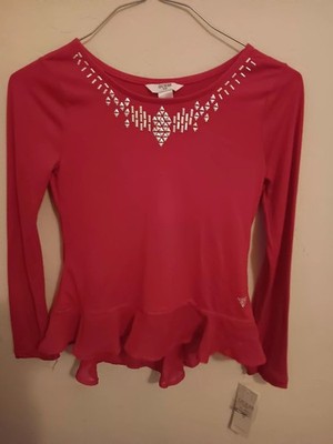Guess Blouse Little Girl Sz 7/8 peplum Pink embellished detailing neckline NWT
