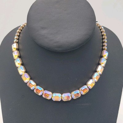 Vintage Weiss Amber Aurora Borealis Rhinestone Choker Necklace Signed Stunning!