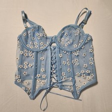Women's Blue Daisy Floral Corset Bustier Top Lace-Up Mesh Sheer