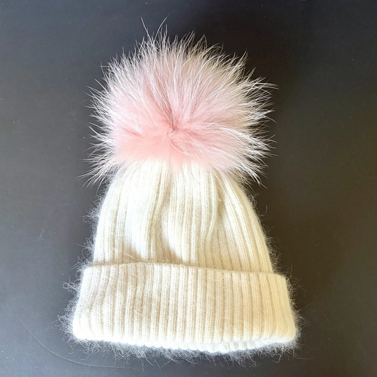 Linda Richard\'s Fur Beanie Hat Ivory Pink Pom Pom Luxury Mohair Soft Cozy Fur Beanie Hats One Size for Women for sale | eBay main image 4