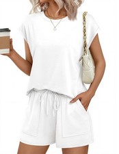 Two Piece Sets for Women Summer Crew Neck Lounge Short Sets Cap Sleeve Drawst...