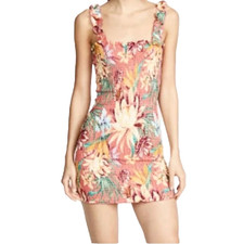 Farm Rio Lotus Flower Smocked Ruffle Strap Coral Resort Boho Mini Dress Sz S