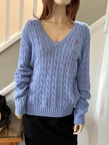 Women’s Ralph Lauren Sport Periwinkle Cotton V Neck Cable Knit Sweater -XL - Picture 1 of 5