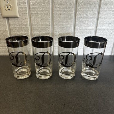 4 Glastonbury Monogram Platinum D Highball Glasses Silver Band Thorpe Style EUC
