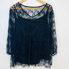 NY Co  Black Blouse Top XL Sheer Lace Overlay  Ruffle Whimsygoth Boho Fairy New