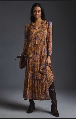 Anthropologie The Marais Printed Chiffon Tiered Maxi Dress Boho Romantic Size XS