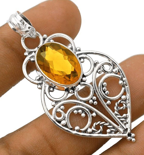 Natural 4CT Golden Citrine 925 Solid Sterling Silver Filigree Pendant @1-3