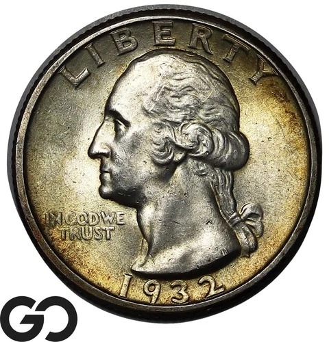1932-D Washington Quarter, Key Date, Great Original Album Toner, Choice BU++!