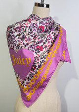 Juicy Couture Pink Floral Gold Chain Border Large Scarf With Heart- Signed