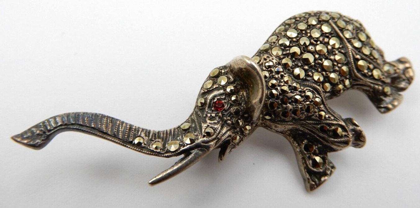 VINTAGE SOLID SILVER ELEPHANT WITH MARCASITES & R… - image 6