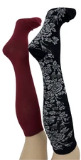 Charter Club Women's 2 pairs Knee-High Socks 9-11  Black Flower & Burgundy