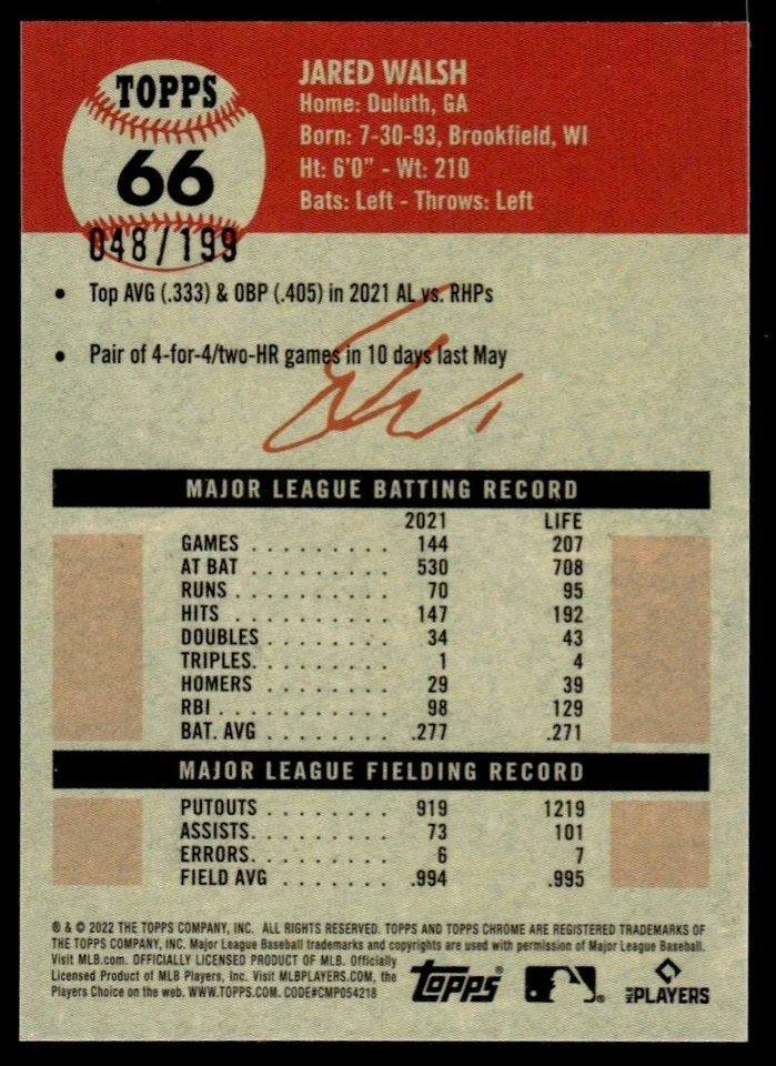 2022 TOPPS CHROME PLATINUM BLUE REFRACTOR Jared Walsh /199 Los Angeles Angels - Image 2 of 2