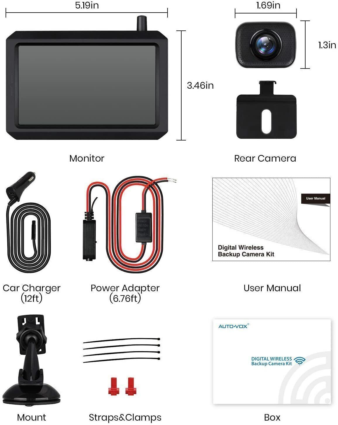 AUTO-VOX W7 Wireless Digital Rear View Camera + 5" HD LCD Monitor Parking Aid Kit