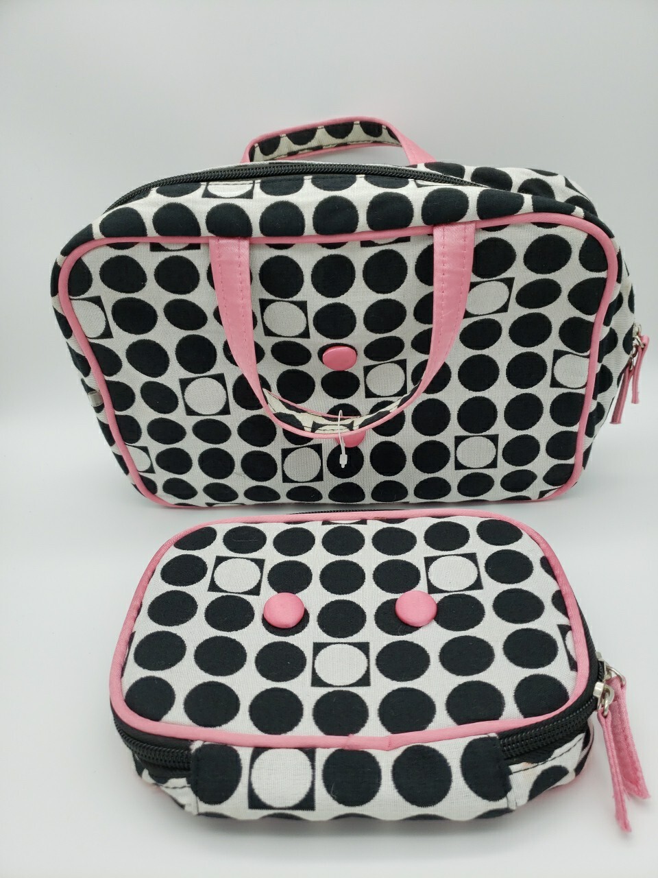 MAKEUP BAG SET WHITE W/BLACK WHITE PINK RAISED DOTS HANDLES EDGES MEDIUM...-image