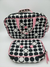 MAKEUP BAG SET WHITE W/BLACK WHITE PINK RAISED DOTS HANDLES EDGES MEDIUM...