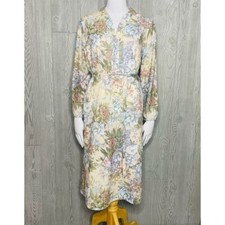 Vintage hand made floral button front belted dress retro long sleeve knee length