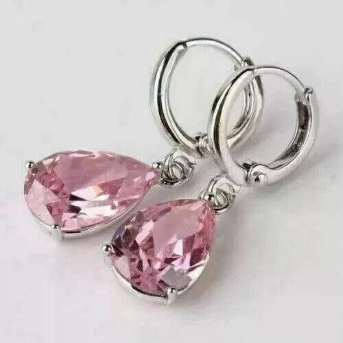 2Ct Pear Cut Pink Sapphire Lab-Created Drop Dangle Earring 14K White Gold Plated - Image 4 of 4