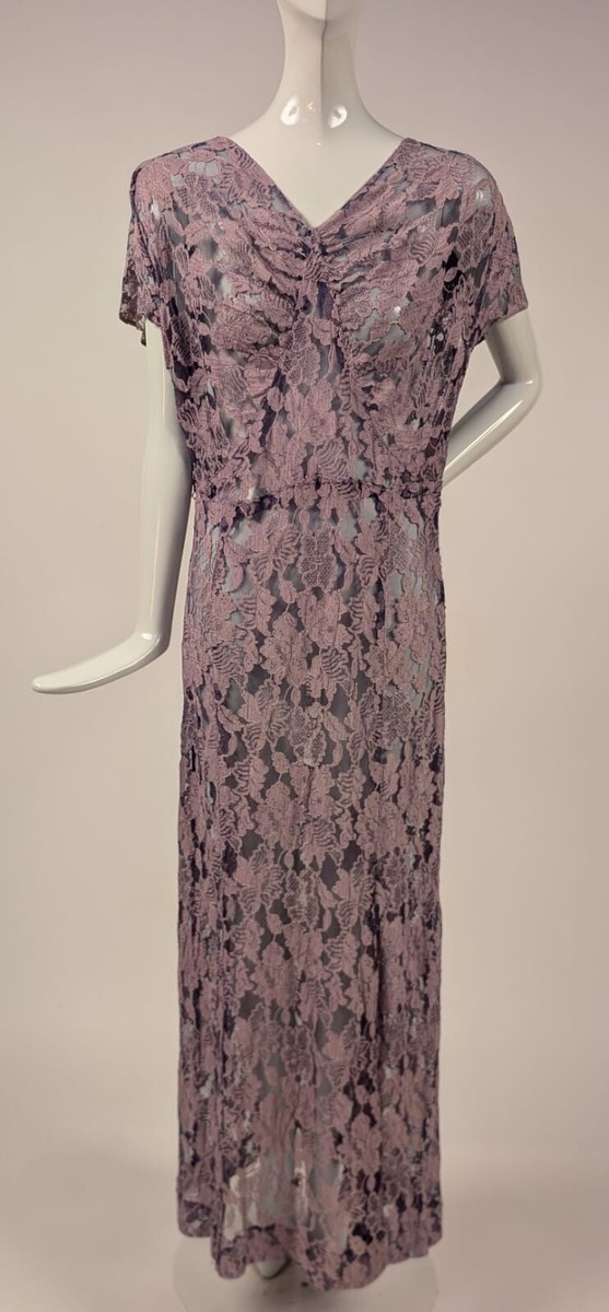 UNUSUAL VINTAGE 1930S TWO TONE PURPLE LACE LONG DRESS W MATCHING JACKET +  BELT