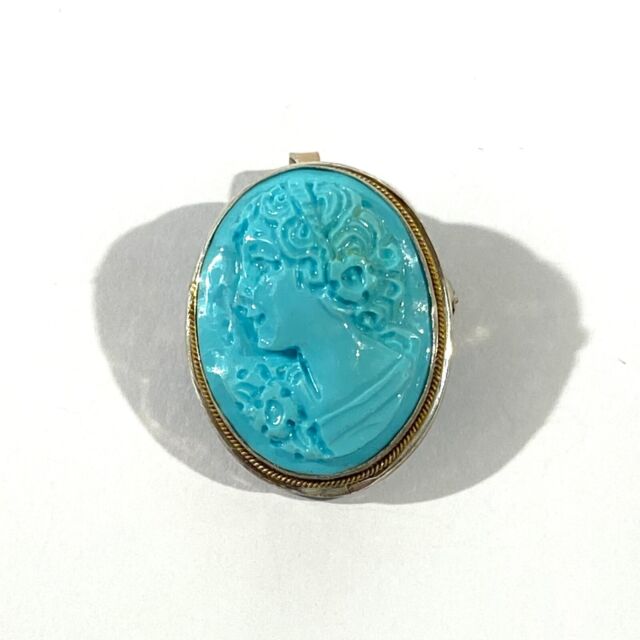 vintage italian sterling silver hand carved turquoise paste cameo brooch pendant