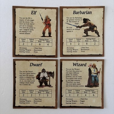 HeroQuest Original 1989 Board Game Replacement Lot of 4 Character Cards