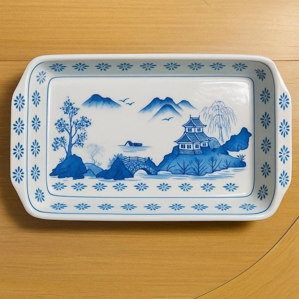 Asian Pagoda Design Vintage Blue and White Porcelain Serving Tray Japanese Dish - Image 2 of 4