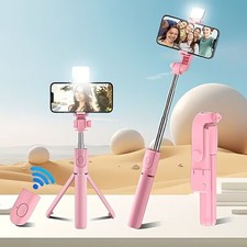 Pink Selfie Stick Tripod w Fill Light Bluetooth Remote 360 Phone Stand